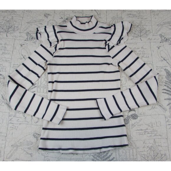 Anthropologie T.La Ruffled Rib knit navy white Striped Turtleneck Top womens S - Picture 3 of 7